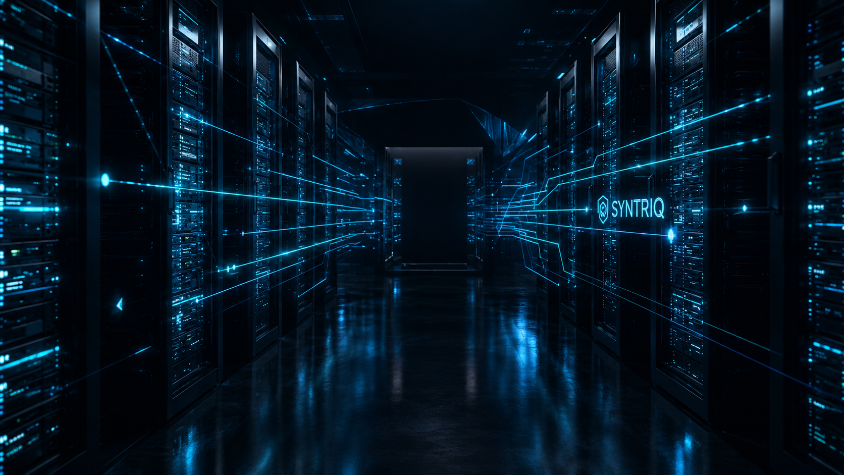 Corredor de data center SYNTRIQ com racks iluminados em ciano